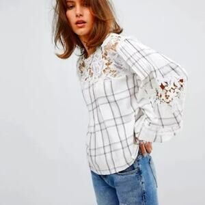 Free People Darling Diana Check Top Ivory Pink Plaid Windowpane Lace sz XS